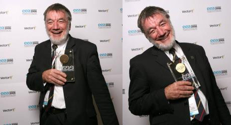 Bryan Leyland celebrating with his 2006 EEA Life Membership Award